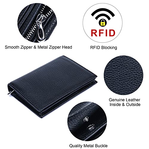 Fependu Small Wallet for Women RFID Blocking Genuine Leather Compact Bifold Pocket Ladies Wallet Zipper Mini Purse with ID Window Black