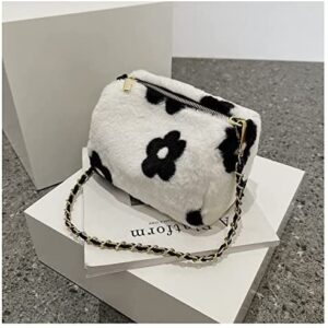 Fluffy Plush Crossbody Shoulder Bag with Chain, Y2K Flower Printed Underarm Bag Cute Furry Handbag Purse (White_A)