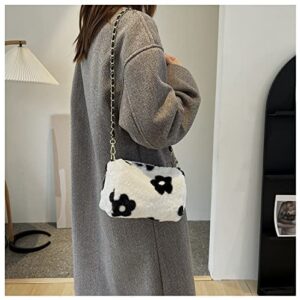 Fluffy Plush Crossbody Shoulder Bag with Chain, Y2K Flower Printed Underarm Bag Cute Furry Handbag Purse (White_A)