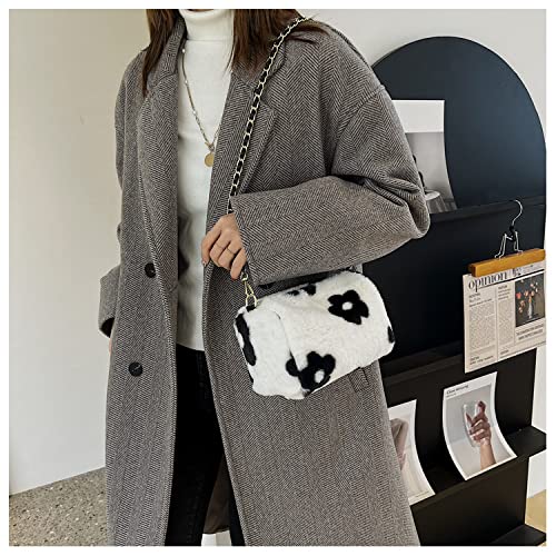 Fluffy Plush Crossbody Shoulder Bag with Chain, Y2K Flower Printed Underarm Bag Cute Furry Handbag Purse (White_A)