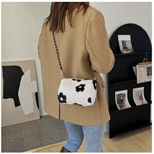 Fluffy Plush Crossbody Shoulder Bag with Chain, Y2K Flower Printed Underarm Bag Cute Furry Handbag Purse (White_A)