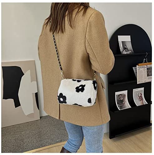 Fluffy Plush Crossbody Shoulder Bag with Chain, Y2K Flower Printed Underarm Bag Cute Furry Handbag Purse (White_A)