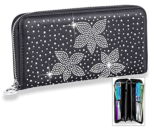 HANDBAG EXPRESS Bling Rhinestone Multi Design Accordion Wallets for Women Purse (7382-Clear)