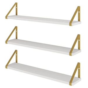 wallniture ponza white floating shelves for wall, 24″ wall shelves for living room decor, bedroom, bathroom, home office shelves with gold color brackets