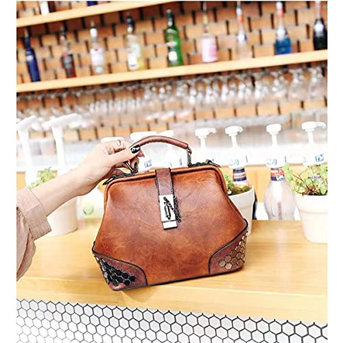 Aryeleay Gothic Satchel Purses Vintage Doctor Shoulder Bag for Women Rivet Studded Crossbody Bag (Brown)