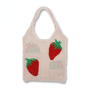 crochet tote bag aesthetic y2k underarm bag grunge fairycore knit strawberry shoulder handbags purse accessories for women (beige)