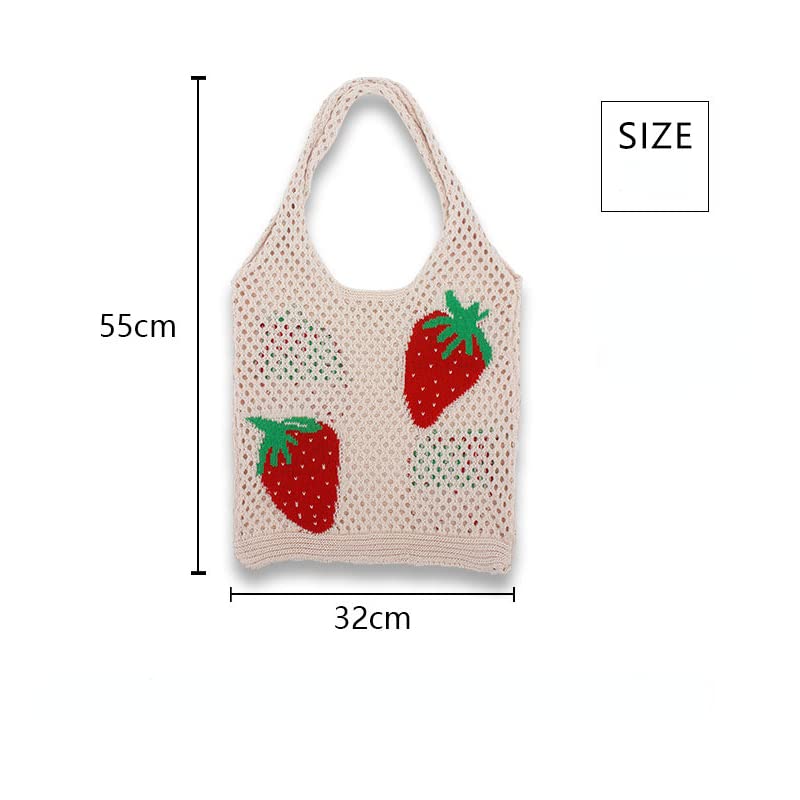 Crochet Tote Bag Aesthetic Y2K Underarm Bag Grunge Fairycore Knit Strawberry Shoulder Handbags Purse Accessories for Women (Beige)