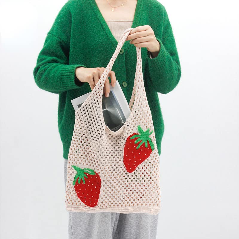 Crochet Tote Bag Aesthetic Y2K Underarm Bag Grunge Fairycore Knit Strawberry Shoulder Handbags Purse Accessories for Women (Beige)