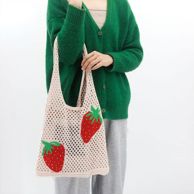 Crochet Tote Bag Aesthetic Y2K Underarm Bag Grunge Fairycore Knit Strawberry Shoulder Handbags Purse Accessories for Women (Beige)