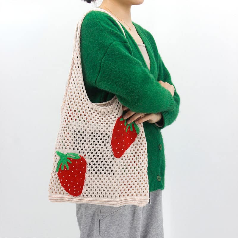 Crochet Tote Bag Aesthetic Y2K Underarm Bag Grunge Fairycore Knit Strawberry Shoulder Handbags Purse Accessories for Women (Beige)