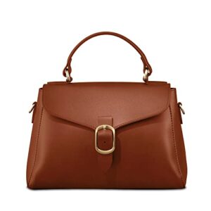 vintage vegan leather flap top handle bag for women light brown camel retro satchel casual purse simple shoulder classic handbag