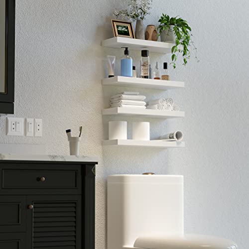 Boswillon White Floating Shelves for Wall, 4 Sets White Wall Shelves for Bedroom with Invisible Brackets, White Shelves for Wall Decor, Modern White Shelf for Bathroom, Kitchen – White