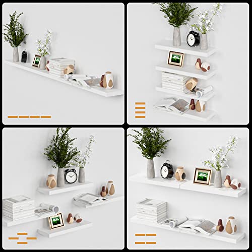 Boswillon White Floating Shelves for Wall, 4 Sets White Wall Shelves for Bedroom with Invisible Brackets, White Shelves for Wall Decor, Modern White Shelf for Bathroom, Kitchen – White