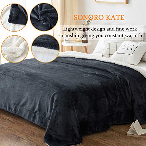 SONORO KATE Sherpa Fleece Blanket King Size - Luxurious Double Reversible Super Soft Thick Fuzzy Plush，Warm Cozy Fluffy Couch Throw Velvet King Blanket for Bed (King, Dark Grey)