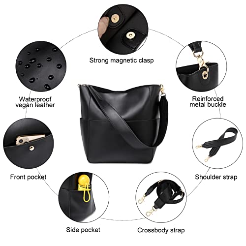 Women Handbag Designer Vegan Leather Hobo Handbags Shoulder Bucket Cross-body Purse (Black)