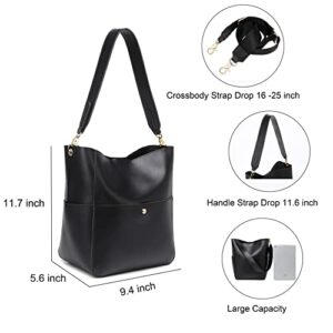 Women Handbag Designer Vegan Leather Hobo Handbags Shoulder Bucket Cross-body Purse (Black)