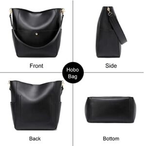 Women Handbag Designer Vegan Leather Hobo Handbags Shoulder Bucket Cross-body Purse (Black)