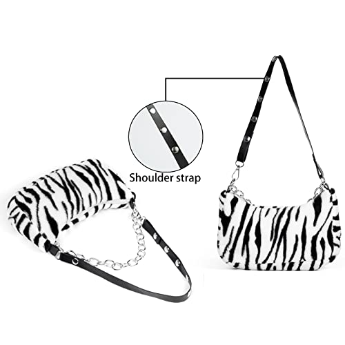 Veediyin fluffy bag cute tote bags Crossbody bags Handbag Plush Faux Fur animal print purses for women (White BW)