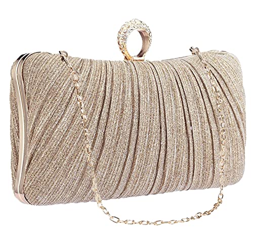 UBORSE Elegant Pleated Glitter Clutch Evening Bags for Women Formal Bridal Wedding Clutch Purse Prom Cocktail Party Handbags Champagne