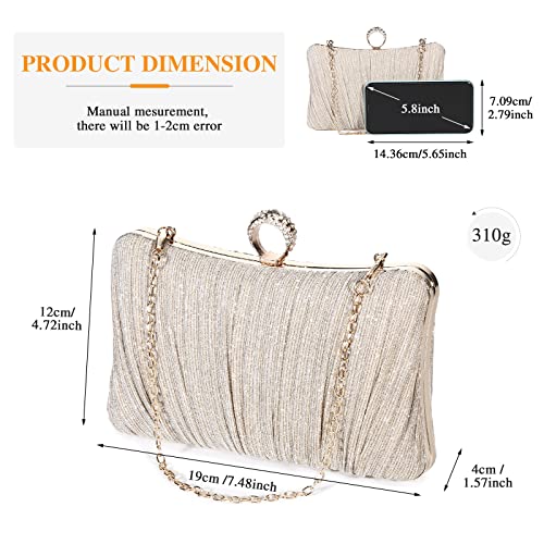 UBORSE Elegant Pleated Glitter Clutch Evening Bags for Women Formal Bridal Wedding Clutch Purse Prom Cocktail Party Handbags Champagne