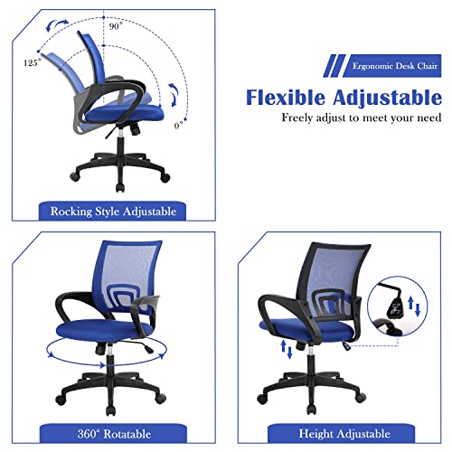 Home Office Chair Desk Chair Computer Chair with Lumbar Support& Armrest, Adjustable Ergonomic Mid Back Task Chair Mesh Rolling Swivel Office Desk Chairs for Bedrooms, Blue