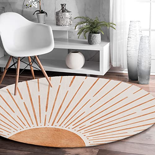 Soft Shag Round Area Rug Mid Century Terracotta Sun Lines Fluffy Circle Floor Carpet Rugs Modern Minimal Art Shaggy Plush Circular Mat for Bedroom/Living Room/Nursery