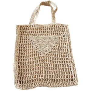 womens handmade straw bag,travel beach tote fishing mesh bag,straw woven bag female pastoral style weaving hollow shoulder bag handbag portable beach bag (khaki,with lining bag)