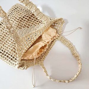 Womens Handmade Straw Bag,Travel Beach Tote Fishing mesh Bag,Straw Woven Bag Female Pastoral Style Weaving Hollow Shoulder Bag Handbag Portable Beach Bag (Khaki,With Lining Bag)