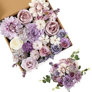 Kisflower Purple Artificial Flowers Combo Cake Flowers Decorations Fake Peony Silk Roses Gift Box for DIY Wedding Bridal Bouquet Centerpieces Arrangements Party Baby Shower Holiday Decor (Purple)