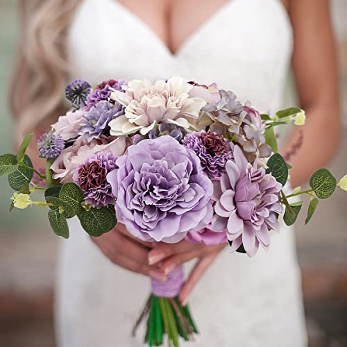 Kisflower Purple Artificial Flowers Combo Cake Flowers Decorations Fake Peony Silk Roses Gift Box for DIY Wedding Bridal Bouquet Centerpieces Arrangements Party Baby Shower Holiday Decor (Purple)