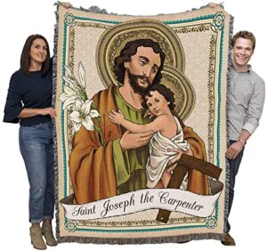 saint joseph the carpenter blanket – patron of catholic church, workers, travelers, immigrants, house sellers & buyers – religious gift tapestry throw woven from cotton – made in the usa (72×54)