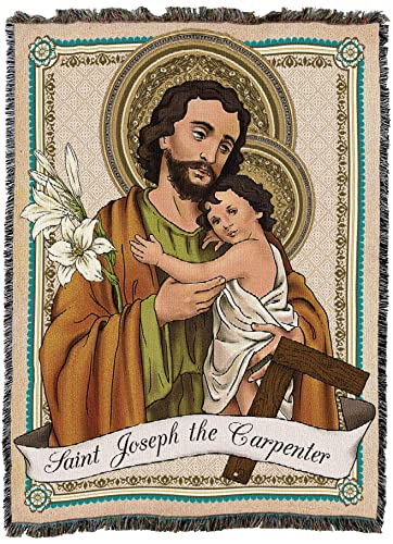 Saint Joseph The Carpenter Blanket - Patron of Catholic Church, Workers, Travelers, Immigrants, House Sellers & Buyers - Religious Gift Tapestry Throw Woven from Cotton - Made in The USA (72x54)