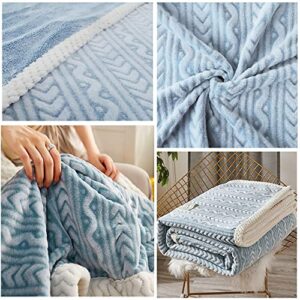 Cozy Fluffy Stripe Plaid Fleece Fuzzy Sherpa Throw 60 * 80 Inch, Super Soft Warm Plush Snuggle Sofa Couches Bed Blanket, Light Blue