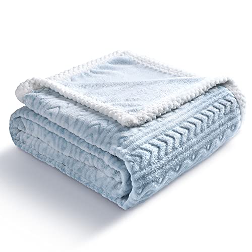 Cozy Fluffy Stripe Plaid Fleece Fuzzy Sherpa Throw 60 * 80 Inch, Super Soft Warm Plush Snuggle Sofa Couches Bed Blanket, Light Blue