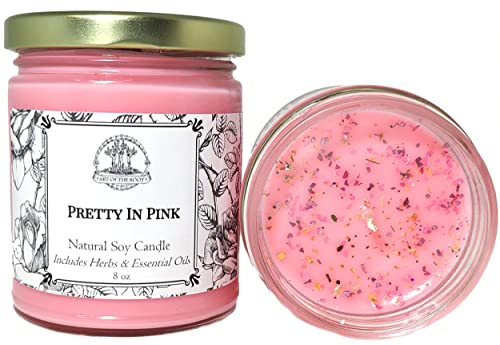 Pretty in Pink 8 oz Soy Candle | Handmade with Herbs & Essential Oils | Enchantment, Charm, Love & Attraction Rituals | Wiccan Pagan Conjure Hoodoo Magic