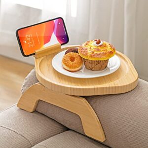 sinwant bamboo sofa tray table clip on side table couch arm with 360° rotating phone holder, couch tray for arm, sofa table for eating/drinks/snacks/remote/control
