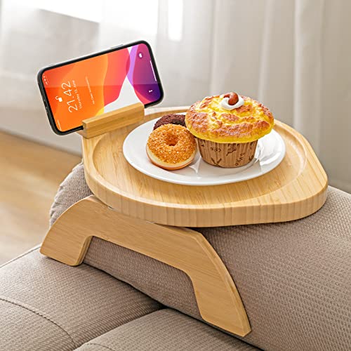 SINWANT Bamboo Sofa Tray Table Clip on Side Table Couch Arm with 360° Rotating Phone Holder, Couch Tray for Arm, Sofa Table for Eating/Drinks/Snacks/Remote/Control