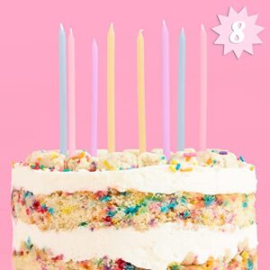xo, fetti skinny pastel happy birthday party candles – 8 pieces | cute bday supplies, fun cake decorations