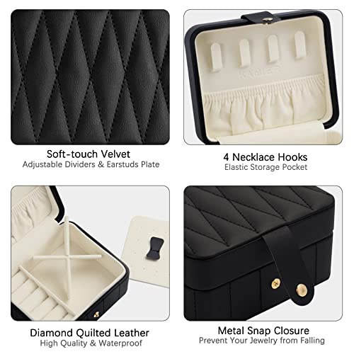 KAMIER Jewelry Travel Organizer, Diamond Quilted Leather Portable Jewelry Boxes for Women Girls Gift, Small Jewelry Box Organizer for Necklaces, Bracelet, Earrings, Rings (Black)