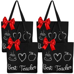 4 pieces black canvas bag for teacher tote bags for women teacher canvas bags teacher bag with red bow best teacher gifts for women, teacher’s day, graduation, back to school travel supplies christmas