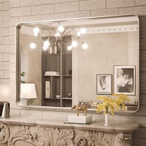 tokeshimi 40 x 30 inch brushed silver bathroom mirror for wall brushed brass metal rounded corner rectangle mirror metal frame deep set design hangs horizontal or vertical