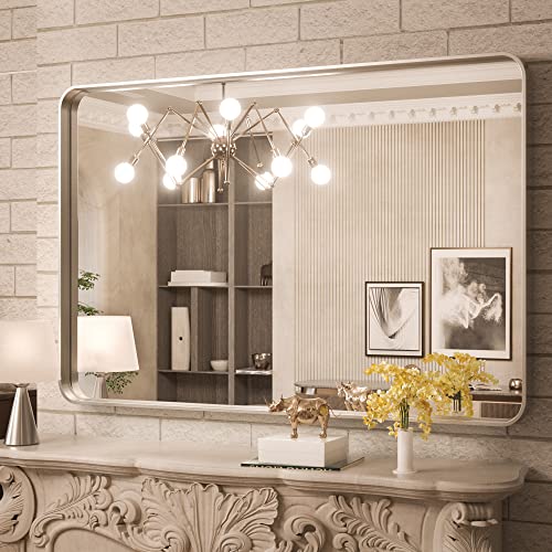 TokeShimi 40 x 30 Inch Brushed Silver Bathroom Mirror for Wall Brushed Brass Metal Rounded Corner Rectangle Mirror Metal Frame Deep Set Design Hangs Horizontal Or Vertical