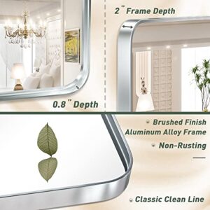 TokeShimi 40 x 30 Inch Brushed Silver Bathroom Mirror for Wall Brushed Brass Metal Rounded Corner Rectangle Mirror Metal Frame Deep Set Design Hangs Horizontal Or Vertical