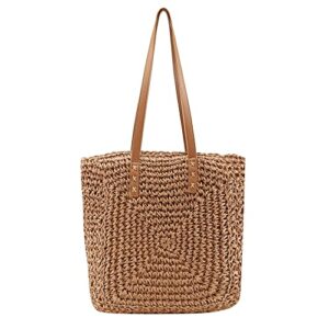 ayliss women straw shoulder handbag tote shoulder bag summer beach woven handmade weaving casual bag for vocation travel (khaki)