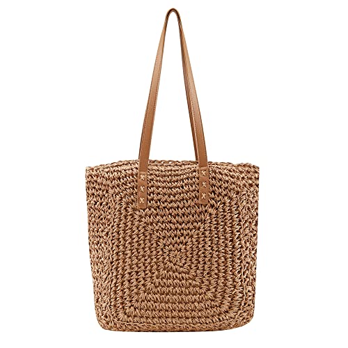 Ayliss Women Straw Shoulder Handbag Tote Shoulder Bag Summer Beach Woven Handmade Weaving Casual Bag for Vocation Travel (Khaki)