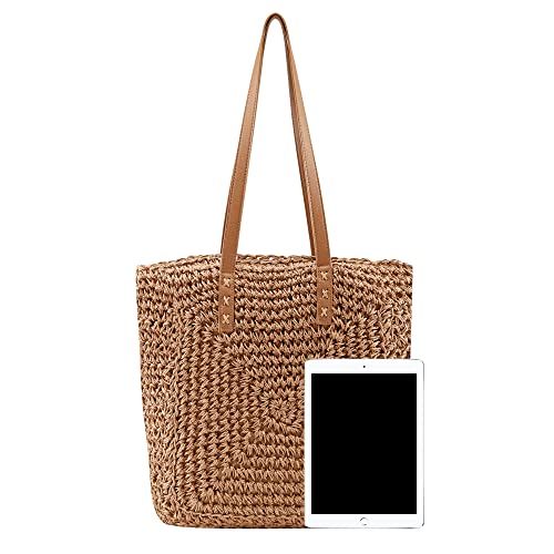 Ayliss Women Straw Shoulder Handbag Tote Shoulder Bag Summer Beach Woven Handmade Weaving Casual Bag for Vocation Travel (Khaki)