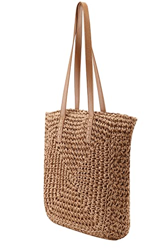 Ayliss Women Straw Shoulder Handbag Tote Shoulder Bag Summer Beach Woven Handmade Weaving Casual Bag for Vocation Travel (Khaki)