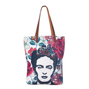 akitai frida kahlo inspired white portrait buenos aires mural floral tote bag relaxed – shoulder – great for shopping, travelling, and days out – boho – handbag – art bag in the image of frida kahlo