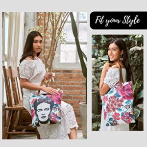 Akitai Frida Kahlo Inspired White Portrait Buenos Aires Mural Floral Tote Bag Relaxed - Shoulder - Great For Shopping, Travelling, and Days Out – Boho - Handbag - Art Bag in the Image of Frida Kahlo