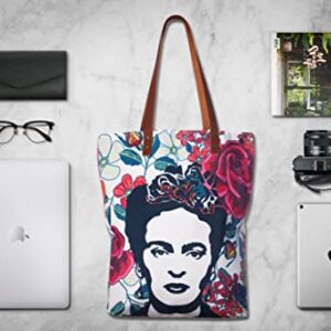 Akitai Frida Kahlo Inspired White Portrait Buenos Aires Mural Floral Tote Bag Relaxed - Shoulder - Great For Shopping, Travelling, and Days Out – Boho - Handbag - Art Bag in the Image of Frida Kahlo